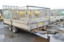 Indespension 14 ft x 6 ft 6 inch dropside tandem axle trailer c/w mesh sides & drop down tail