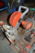 Ridgid 258 pipe cutter c/w Ridgid 110v drive unit, foot pump & pipe roller RPC007A