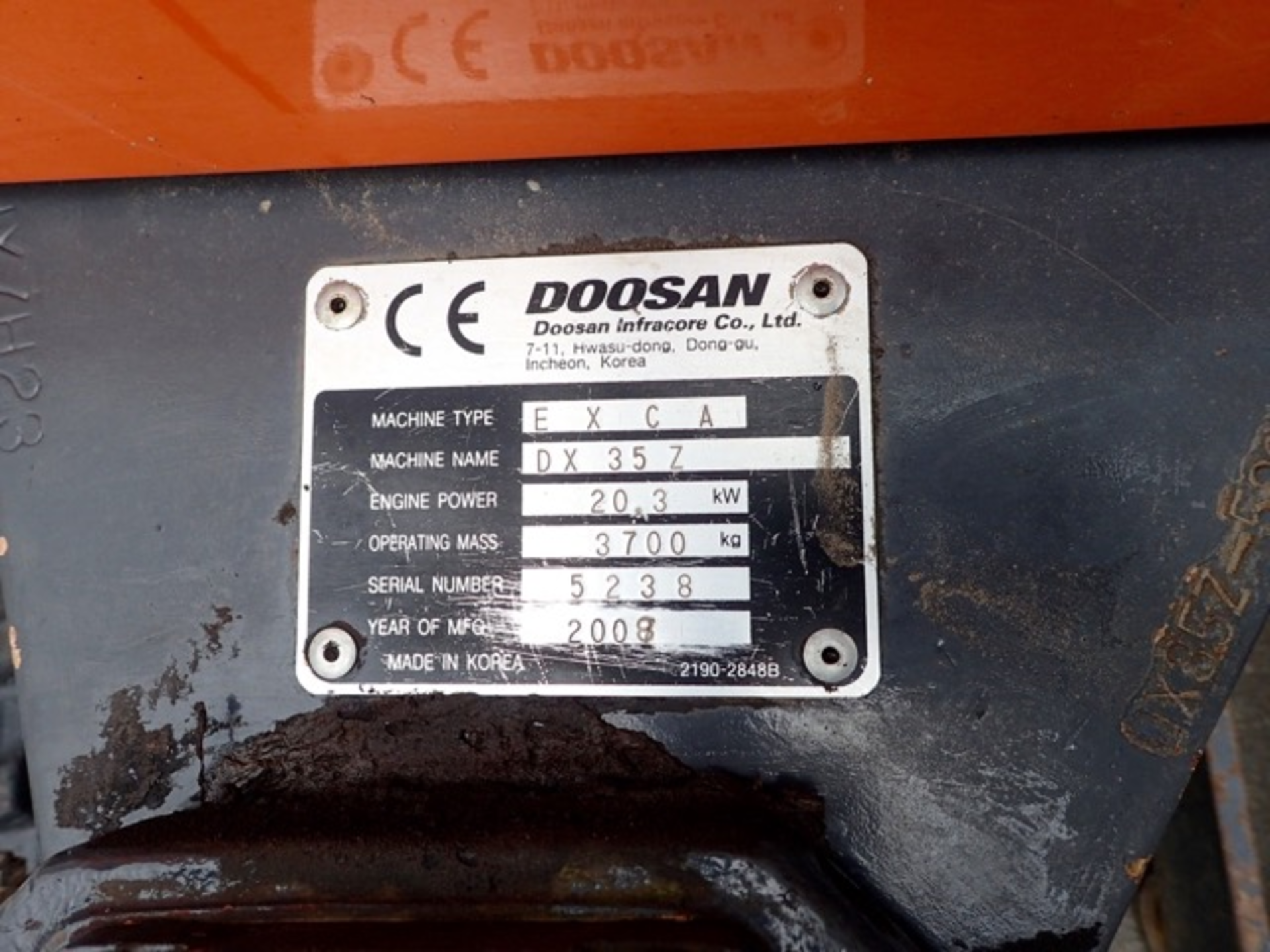 Doosan DX 35Z 3.5 tonne zero tail swing rubber tracked mini excavator Year: 2008 S/N: 5238 - Image 14 of 14