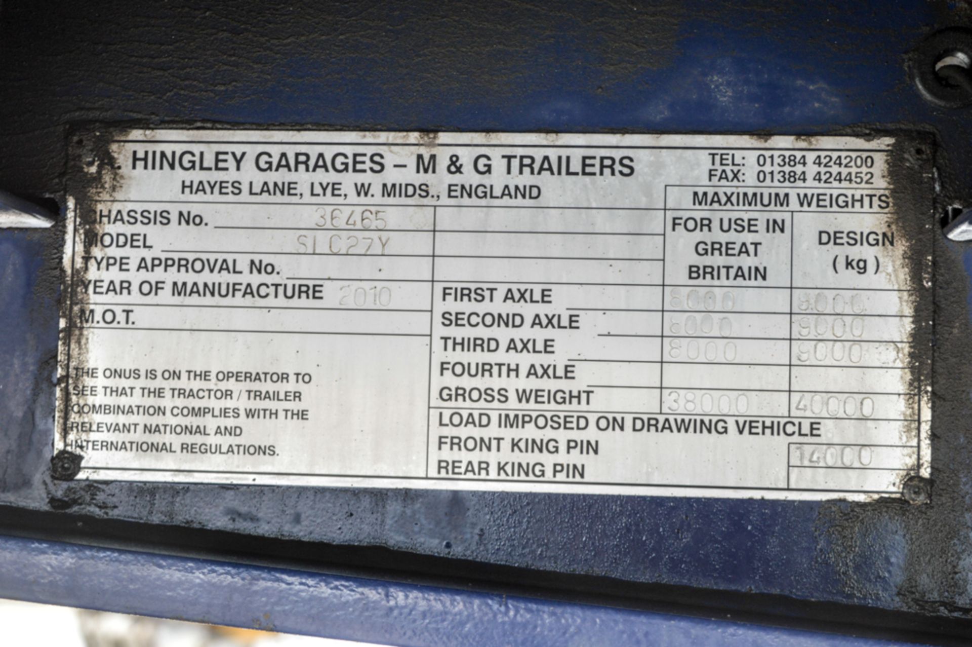 M&G SLC 27Y stepframe low loader trailer Year: 2010 MOT Expires: 30/06/2018 Chassis No: 36465 c/w - Image 12 of 12