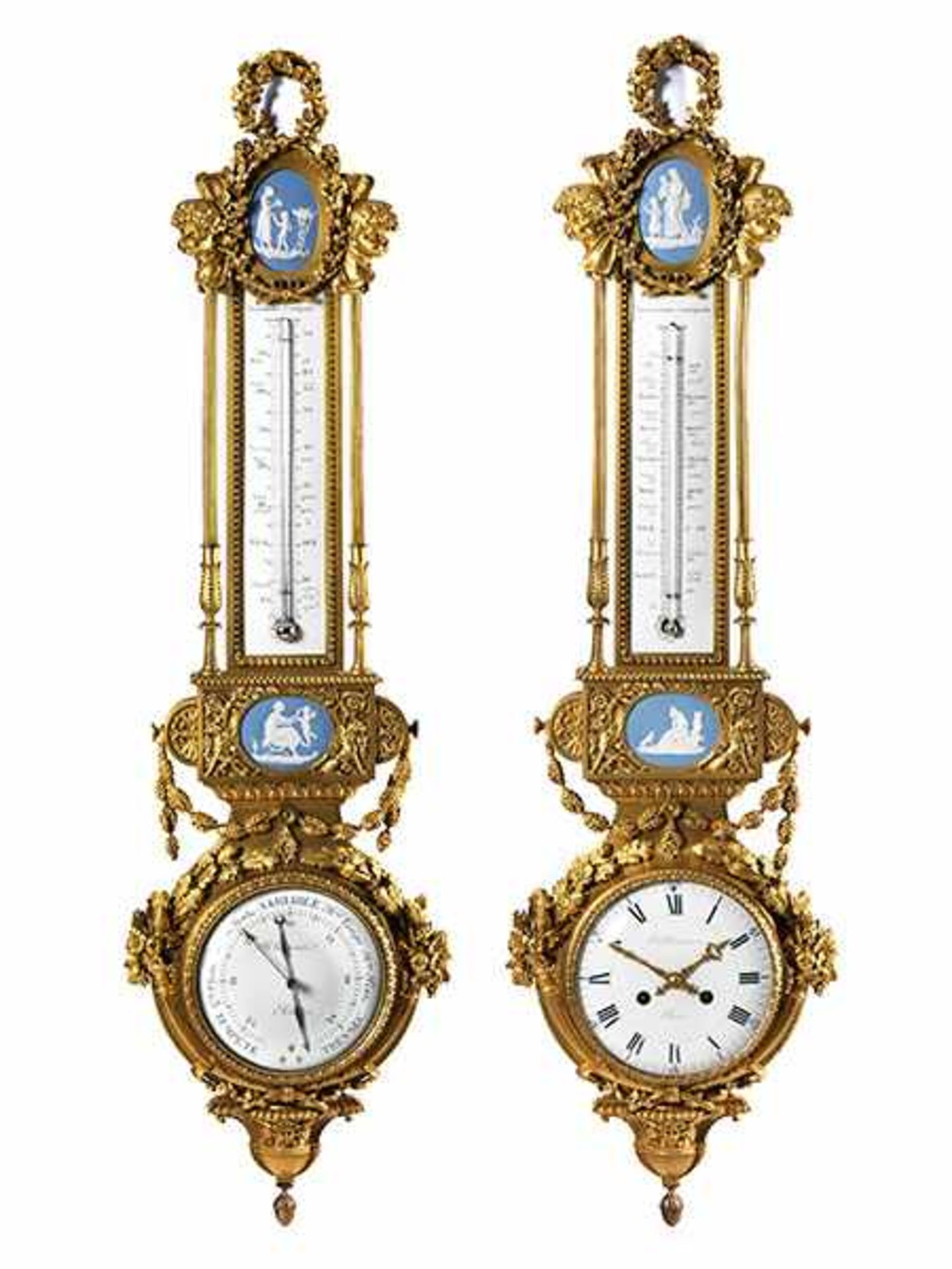Prächtiges Paar Instrumentarien: Barometer mit Thermometer und Uhr mit Thermometer Höhe: je ca. 91