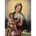 Süddeutscher Manierist des 16. Jahrhunderts MARIA MIT DEM KIND Öl auf Holz. 34 x 26 cm. Maria in