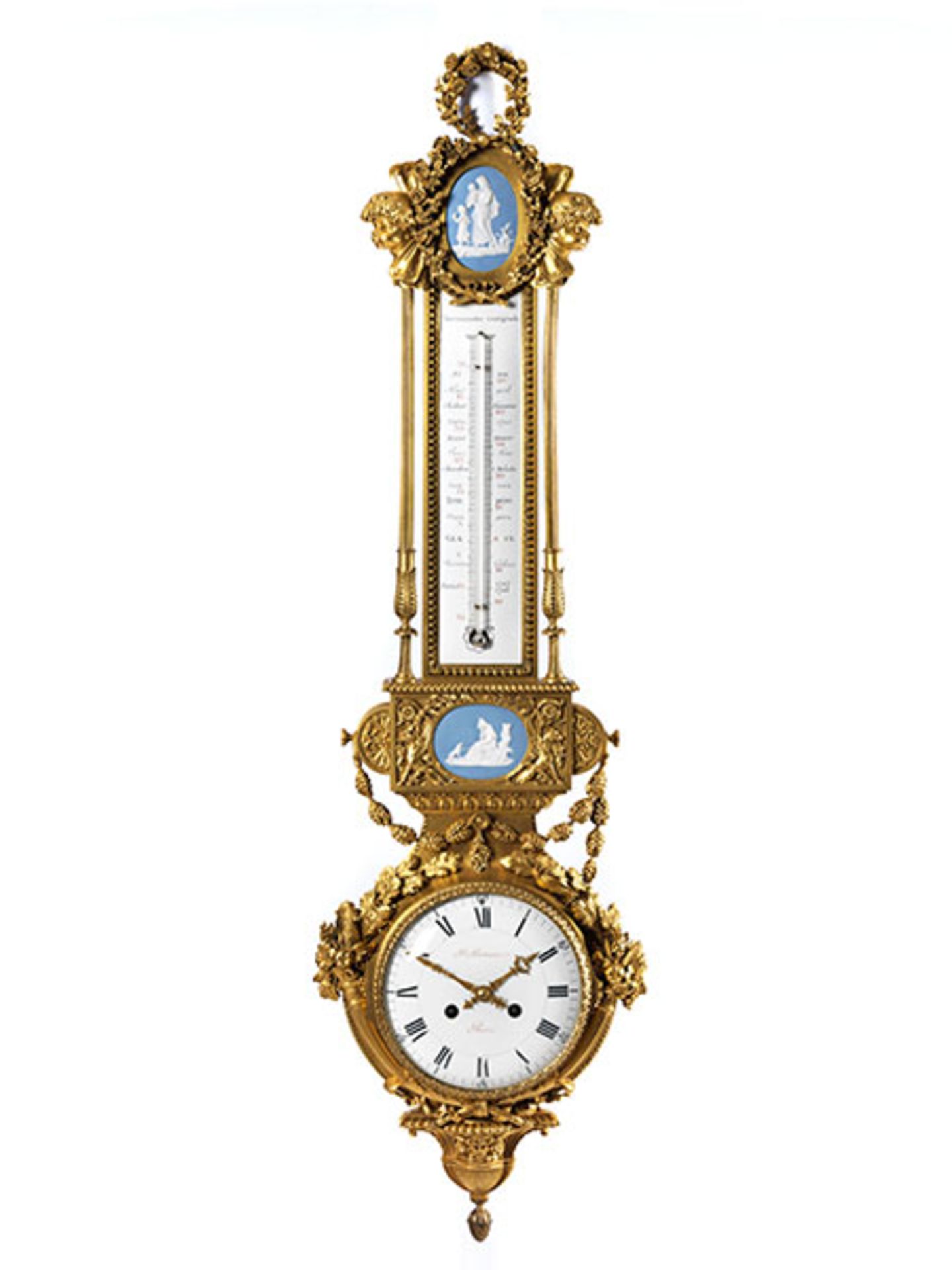 Prächtiges Paar Instrumentarien: Barometer mit Thermometer und Uhr mit Thermometer Höhe: je ca. 91 - Bild 3 aus 12