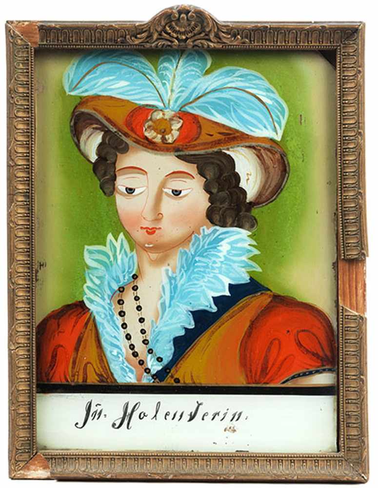 Hinterglasbild Ca. 25,5 x 19 cm. 19. Jahrhundert. Darstellung einer jungen Dame mit Hut und - Image 2 of 2