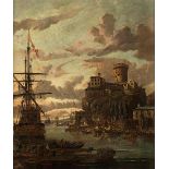 Abraham Jansz Storck, um 1635 Amsterdam "" 1710 ebenda LANDSCHAFT MIT BURGANLAGE, SCHIFFEN UND