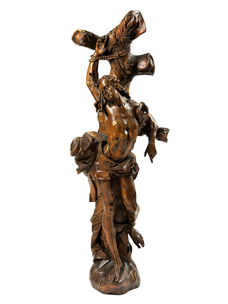Schnitzfigur des Heiligen Sebastian Höhe: 123 cm. 16. Jahrhundert. In Nussholz geschnitzt, von