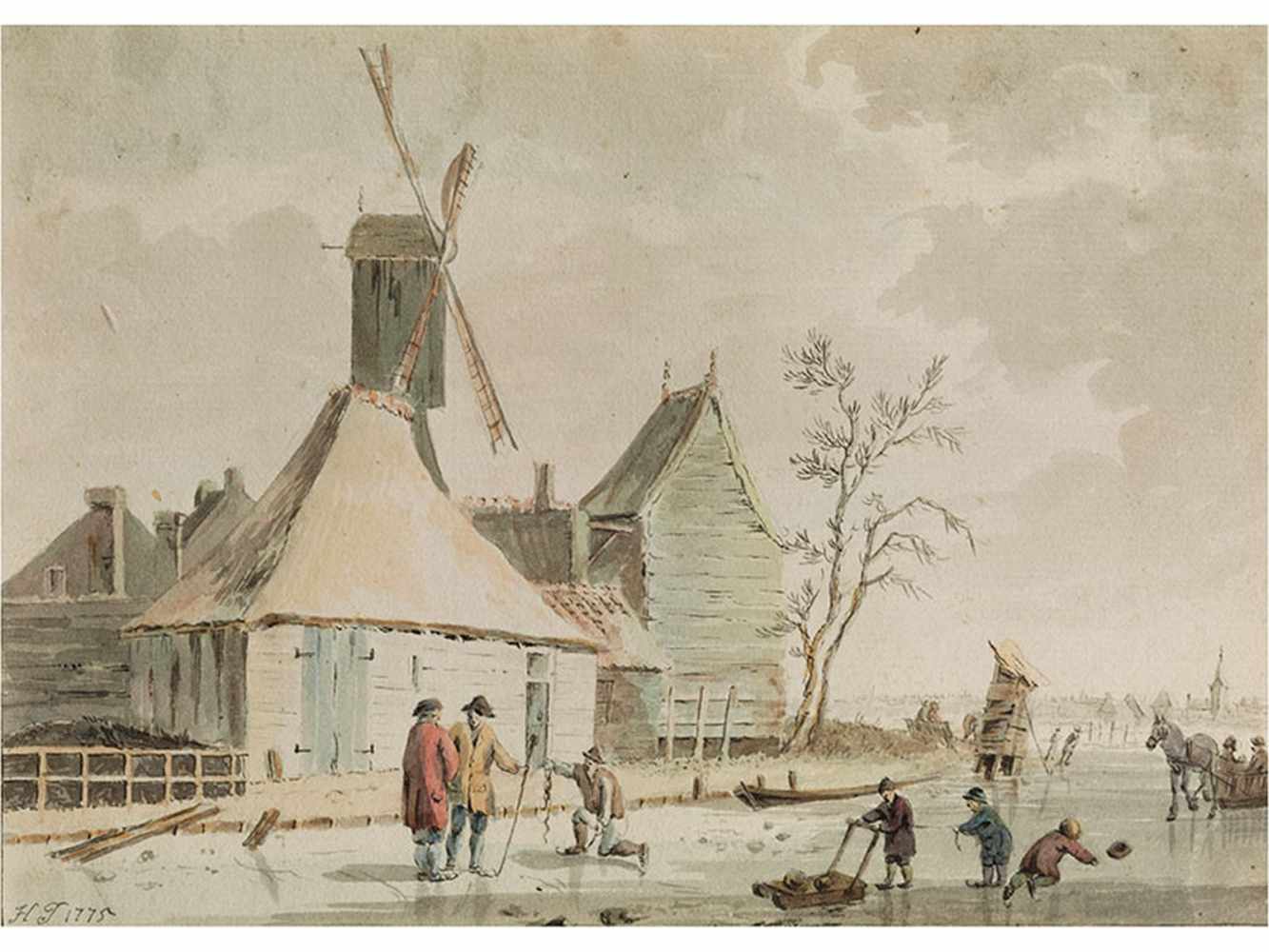 Hendrick Tavenier, 1734 "" 1807 EISVERGNÜGEN, 1775 Aquarell und Feder auf Papier. 13,7 x 19,4 cm. - Image 2 of 2