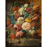 Maler des 19. Jahrhunderts GROßES BLUMENSTILLLEBEN IN GLASVASE Öl auf Platte. Sichtmaß: 50,5 x 39,