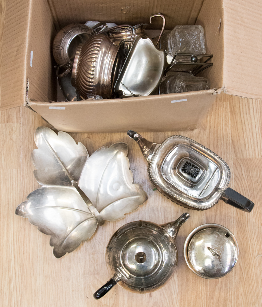 A box of EPNS tea wares and condiments