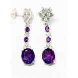 A pair of amethyst and diamond drop earrings,