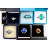 Seven silver and hardstone rings, sizes P. K.