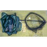 Angling interest: a tubular steel folding landing net; together with a Hardy brass reel,