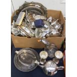 A box of EPNS, including trays, Claret jug, servers,