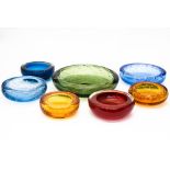 Collection of seven Whitefriars bubble glass ashtrays/ bon bon dishes in various colours and sizes