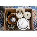 A box containing a collection of ceramics, comprising Poole lamp base, Coventry studio pottery bowl,