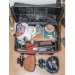 Angling interest: Seat Box containing reel, flots, hooks and sundry items. Eddystone fibre rod.