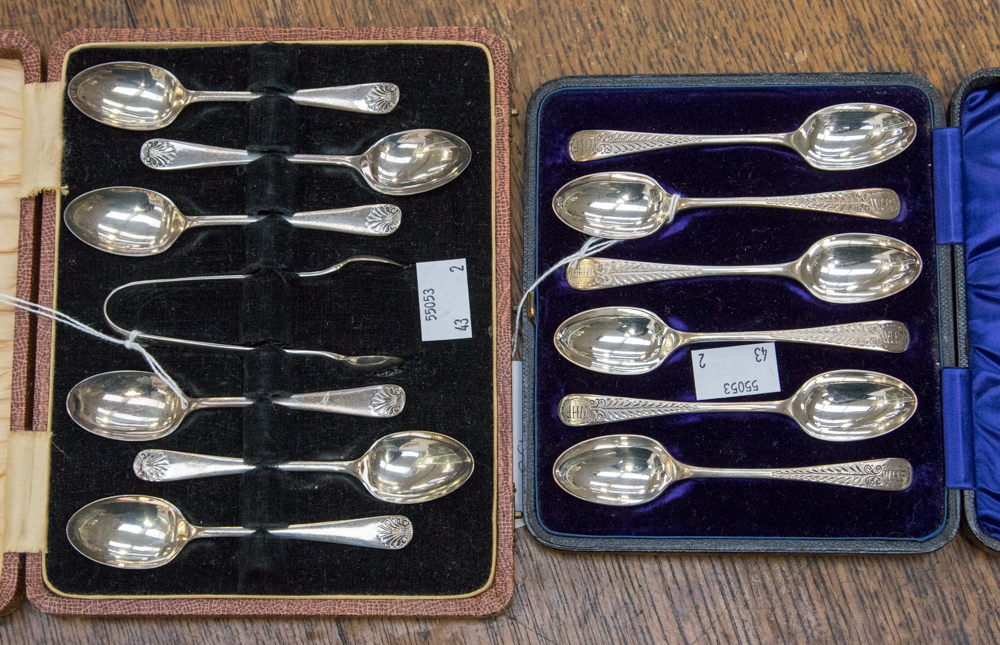 Two cased sets of silver tea-spoons, one including nips, one set Sheffield 1894, weighing approx 2.