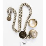 A silver chain - Albert with a George IV four pence coin 1836 attached,