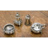 A silver three piece cruet set maker Walker & Hall, London 1939, and a pepperette (4) 134.