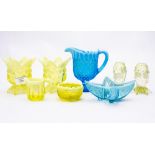 Two pairs of yellow vasaline glass vases,