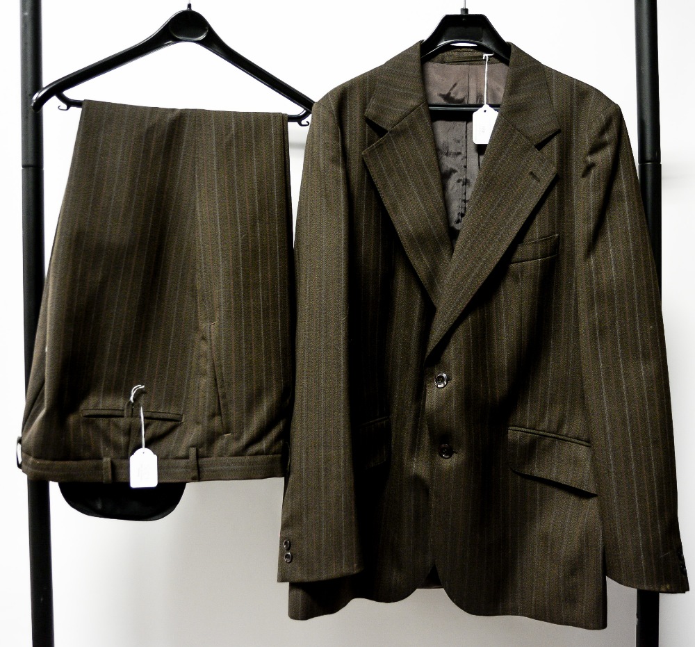 A Gents brown pin striped suit, a Gents coat,