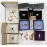 A bag of ten boxed 9ct gold, and semi- precious stone rings, including sizes Q1/2, L1/2, O1/2, K1/2,