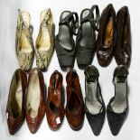 A collection of shoes to include a pair of brown leather stacked heel 1940s shoes and 1970s stacked