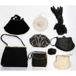 Vintage evening bags from 1920s, the 1960s to include cord, beadwork, taffeta, compact,