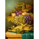 A fruit painted ceramic plaque by A R Telford, still life with bowl of fruit, corn and chestnuts,