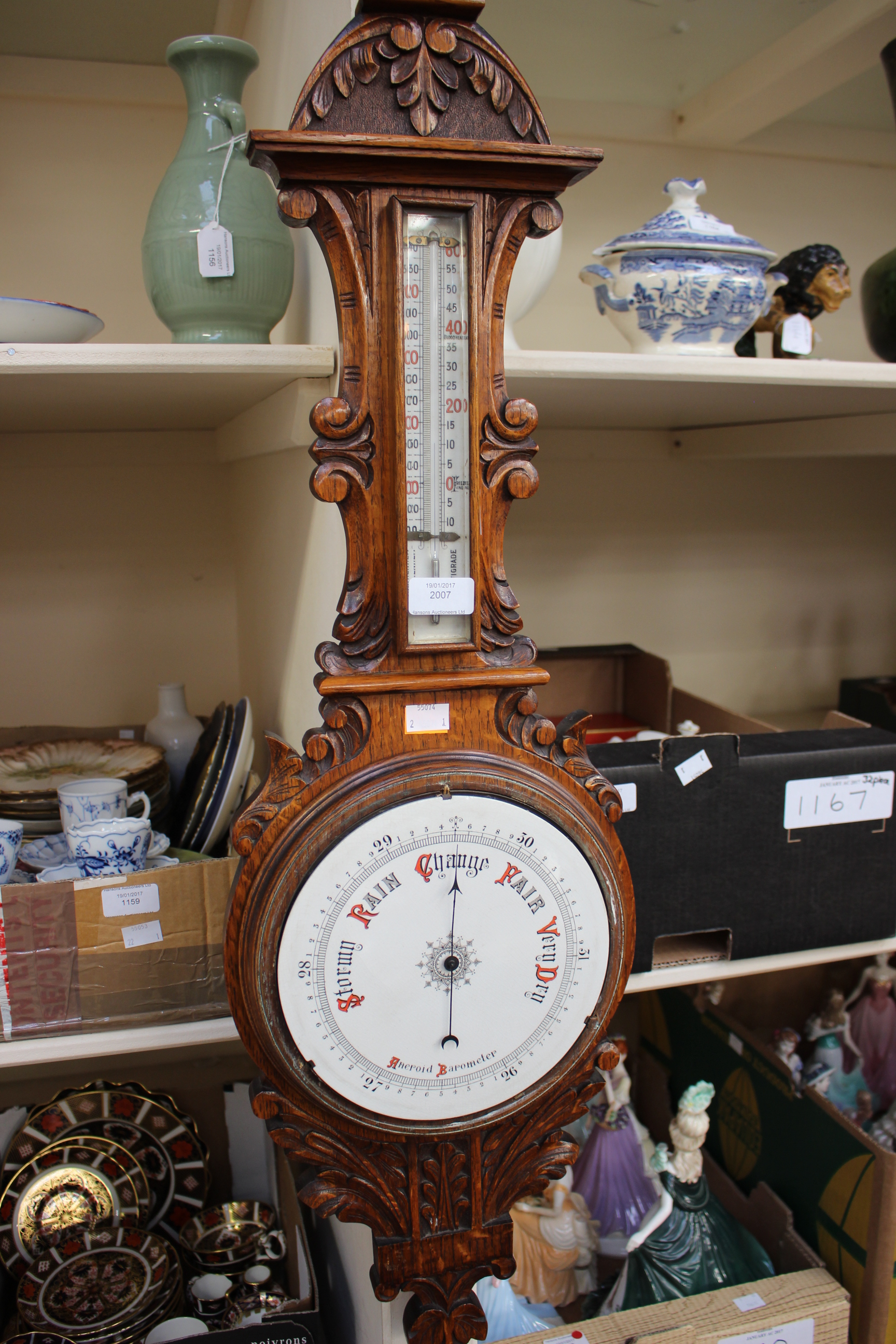 Victorian carved oak barometer