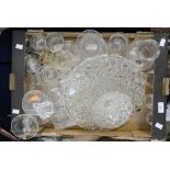 A collection of glassware including decanters, dessert dishes, mugs, large moulded fruit dish,