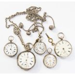 Five various silver pocket and fob watches,