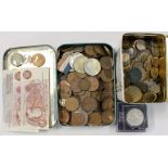 Two tins of coins and banknotes, includes £5 x 2, Crowns 1951,