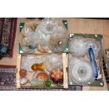 Three boxes of assorted glassware, including decanter, carnival glass, Vaselaine glass, Whitefriars,