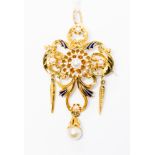 A pearl and enamel yellow metal brooch/pendant, late 19th century style, scroll design,