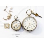 A silver Hunter enamelled dial, Roman numerals, seconds hand and key, with a ladies silver Hunter,