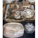 Two EPNS galleried trays, with a three branch EPNS candelabra,