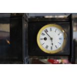 A 19th Century slate mantle with marble clock with pendulum and key,