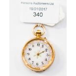 A lady's 14ct gold Continental pocket watch stamped '14c' engraved back with enamelled dial