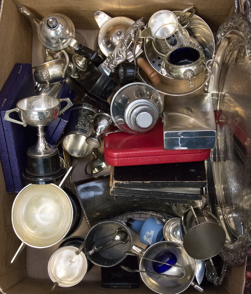 A box of assorted silver plated items, comprising trophies, salver, tea service, cutlery, flask,