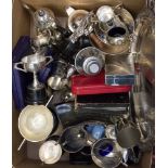 A box of assorted silver plated items, comprising trophies, salver, tea service, cutlery, flask,