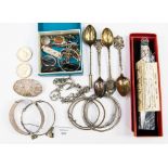 Silver bangles, spoons, ring, Blue John brooch and earrings,