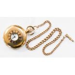 An Omega half Hunter rolled gold pocket watch with a 9ct gold watch chain,