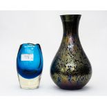 A Whitefriars blue glass vase and an iridescent glass vase (2)