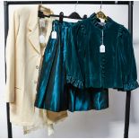 A turquoise/teal taffeta short skirt and velvet jacket with pie crust pleating round the neck and