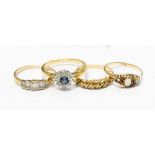 Four gold rings, various stones, including opal, ring sizes N,P½, O½,
