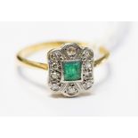 An Art Deco 18ct diamond and emerald gold ring, ring size J½, 2.