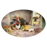 A Royal Worcester painted plaque, 1925, farm building scene with chickens and a dog, by G Johnson,