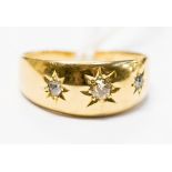 An Edwardian 18ct gold diamond three stone ring, ring size K, 2.