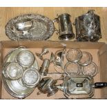 Edwardian silver plated cookie jar with serving dishes, tea set,